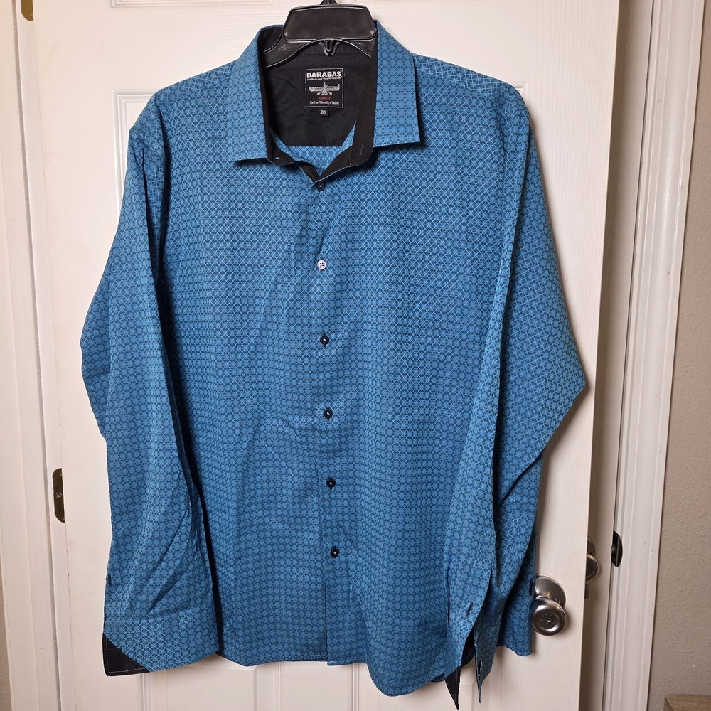 Barabas sz 3XL teal‎ blue button up long slv shirt Classic Fit geo print